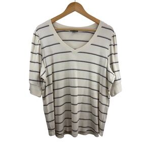 Falls Creek 3X‎ V Neck Striped Knit Top Beige Brown Blue Half Sleeve Plus Size